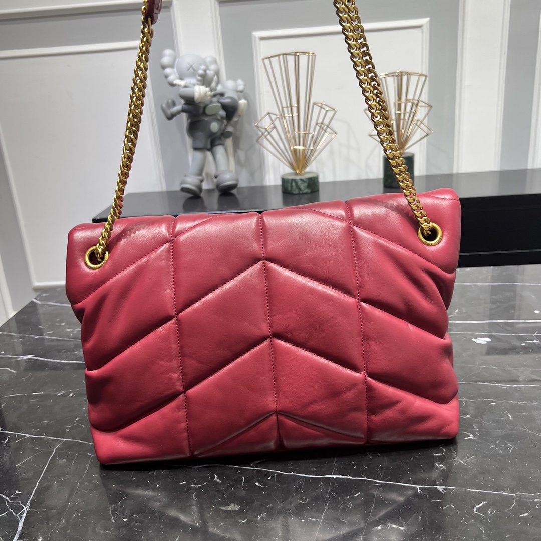 Saint Laurent Loulou Puffer Lambskin Shoulder Bag Handbag Red 577475 Gold